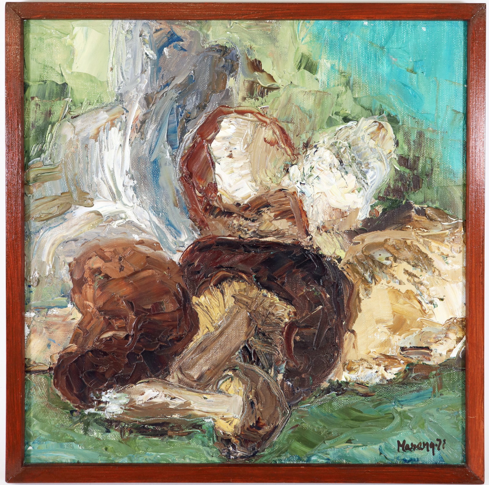 MARIANNE BOS MARENG MUSHROOMS PAINTING: Marianne Bos Mareng heavy palette oil on canvas painting of mushrooms. Signed lower right. Measures approximately 15" x 15" and 16" x 16" with frame.