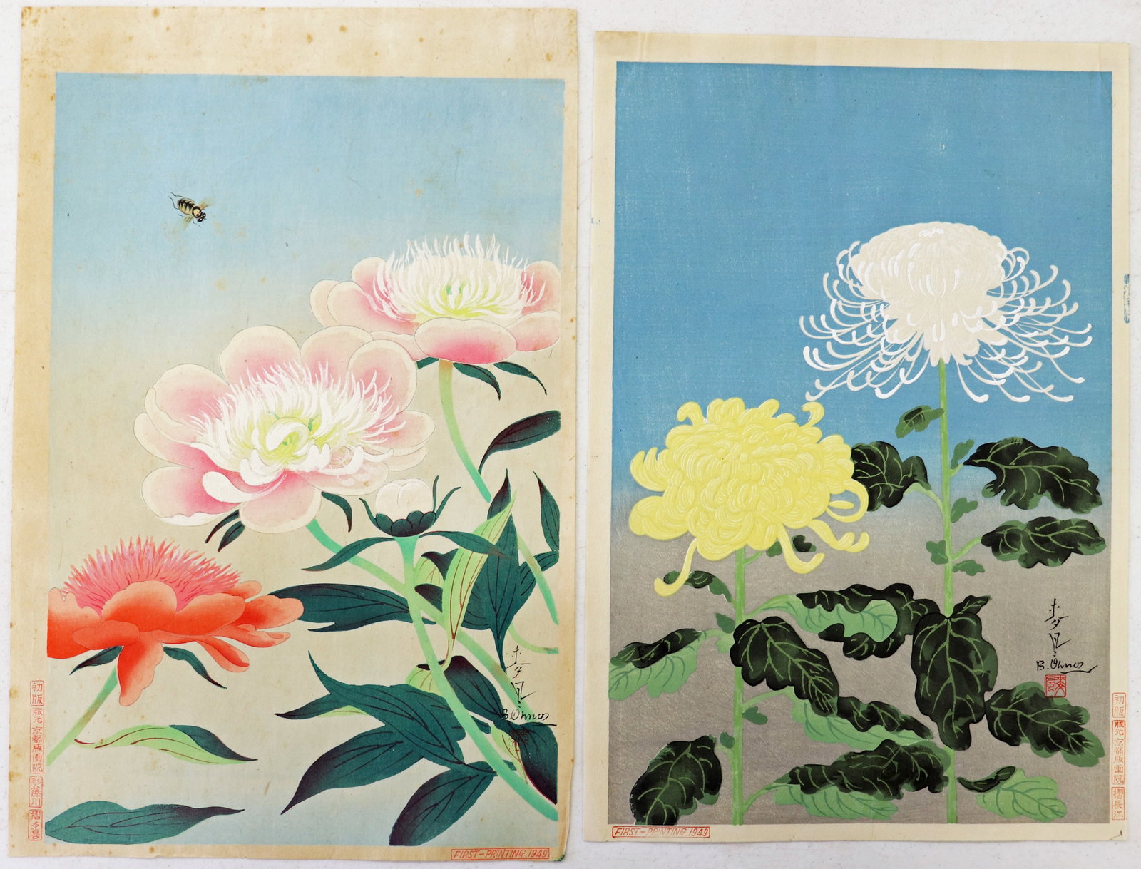 (2) BAKUFU OHNO JAPANESE WOODBLOCKS -1ST EDITIONS: Artist: Bakufu Ohno Publication: Kyoto Hanga-In Both Woodblock Prints are stamped "First Printing 1949". The yellow and white Chrysanthemum measures 15" x 10", The Two Peonies and Bee measures 15.75"