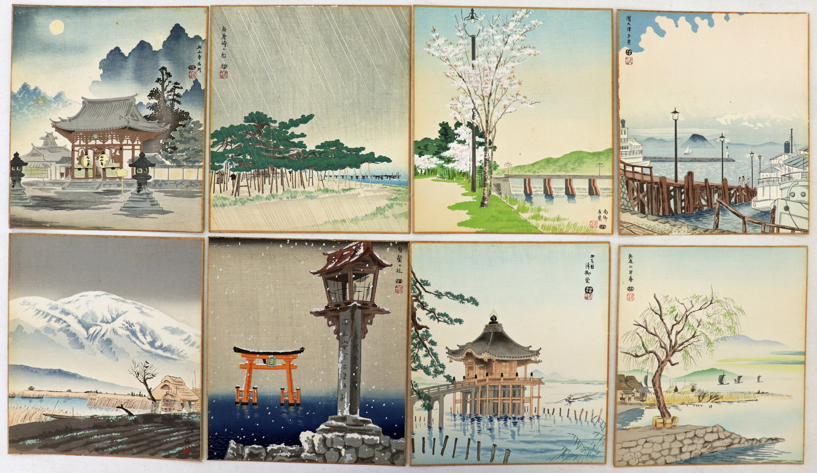 TOKURIKI TOMIKICHIRO THE NEW EIGHT VIEWS OF OOMI: A collection of 8 Japanese woodblock prints by Tokuriki Tomikichiro from the series "The New Eight Views of Oomi" 9.5" x 10.75"