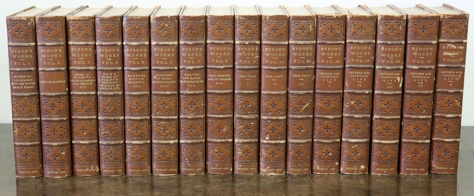 THE WORKS OF LORD BYRON 16 VOLUMES LTD EDITION: 16 Volume Set of "The Works of Lord Byron" Limited edition of 1,000 copies, this set is numbered 61. Published by Francis A. Niccolls & Co, Boston, copyright 1900. Top edges gilt, raised band on