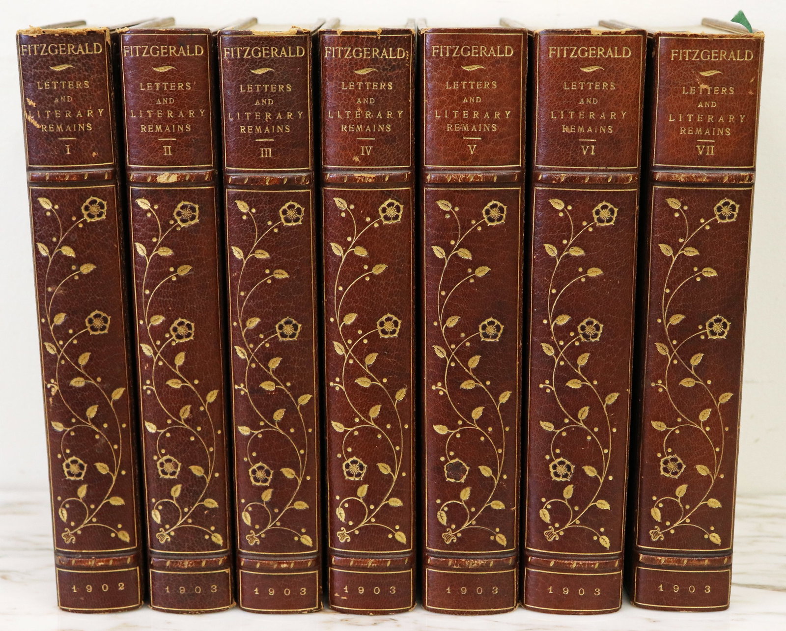 LETTERS & LITERARY REMAINS OF EDWARD FITZGERALD: A beautiful leather bound seven volume set of "Letters & Literary Remains of Edward Fitzgerald". London Macmillan 1902, limited edition of 775 copies. Ornate floral leaf motif gilt decorated spines wi