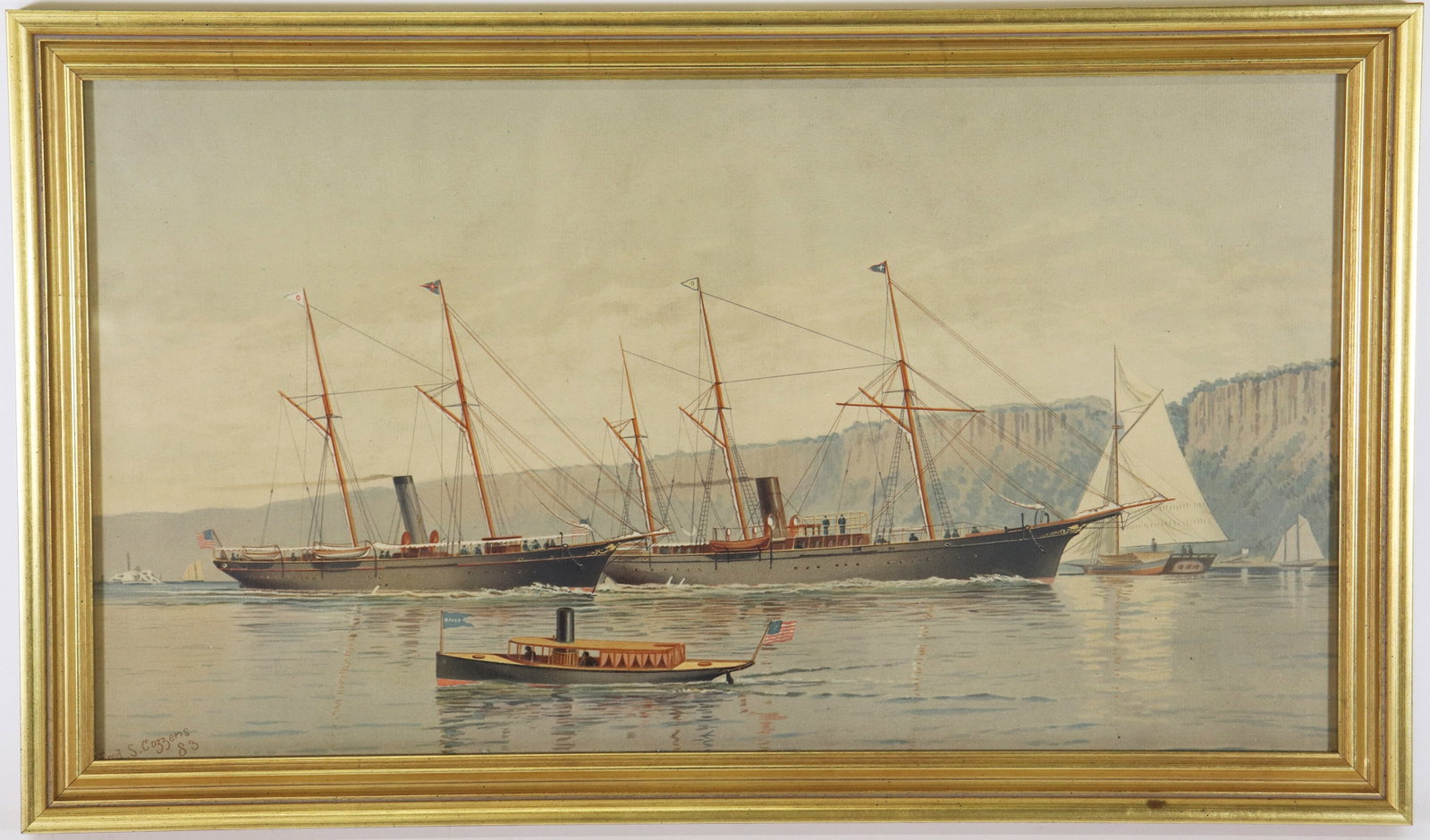 FREDERIC COZZENS UNDER THE PALISADES LITHOGRAPH: Frederic "Fred" Cozzens (1846-1928) Color lithograph "Under the Palisades". Signed in the plate lower left Fred S. Cozzens 83'. Measures 22.25" x 13" professionally framed.