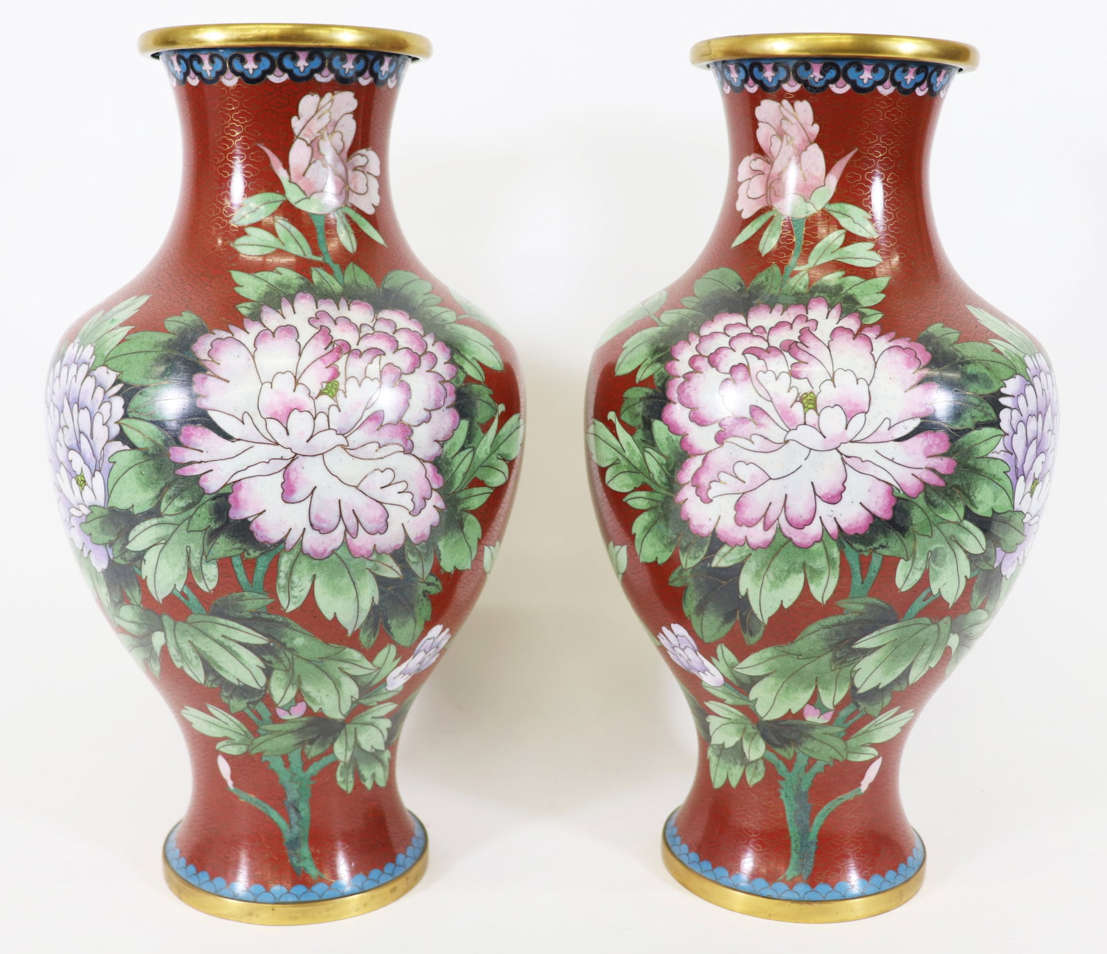 TALL CHINESE CLOISONNE VASES WITH FLOWERS: Pair of tall Chinese red cloisonne vases with birds and flowers. 15.25" tall.