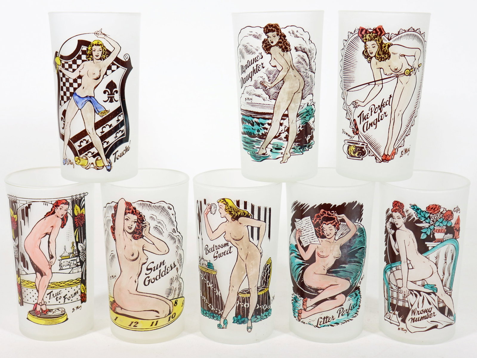 (8) 1940'S PINUP GIRL HIGHBALL GLASSES D. MARJ: A set of eight vintage pinup girl frosted cocktail drink glasses signed by artist D. Marj. Each in a risque pose with humorous title, characteristic of the popular pin up styles of the 40's and 50's,