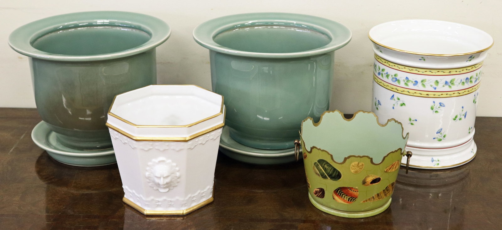 (5) CACHEPOT COLLECTION: Includes (2) celadon green planters with liners (10.5" tall), a painted toleware pot 4.5", a Raynaud Limoges cachepot (8") and a Versace style white cachepot 6". Pick up Recommended - No in house ship