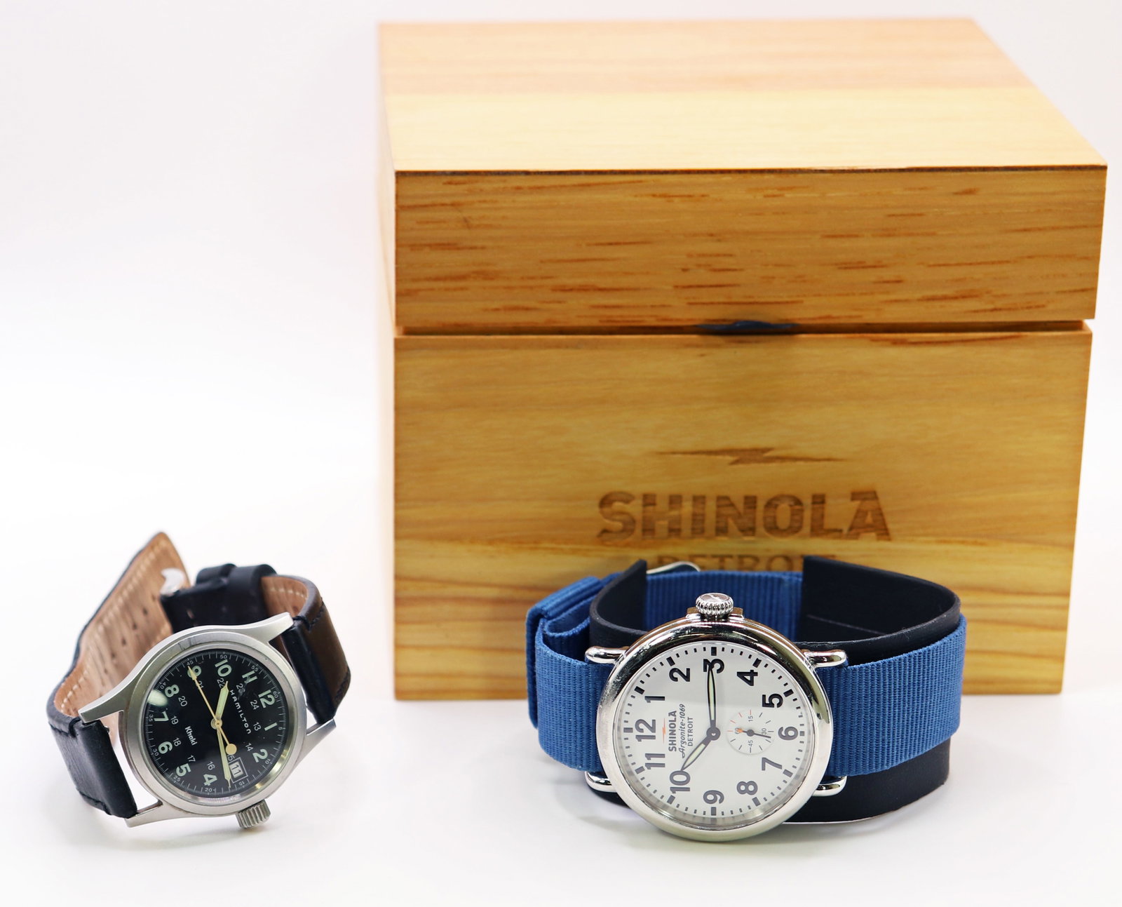 HAMILTON KHAKI & SHINOLA WRISTWATCHES: Hamilton Khaki 6359 watch and Shinola Argonite 1069 Detroit watch with original box and extra band.