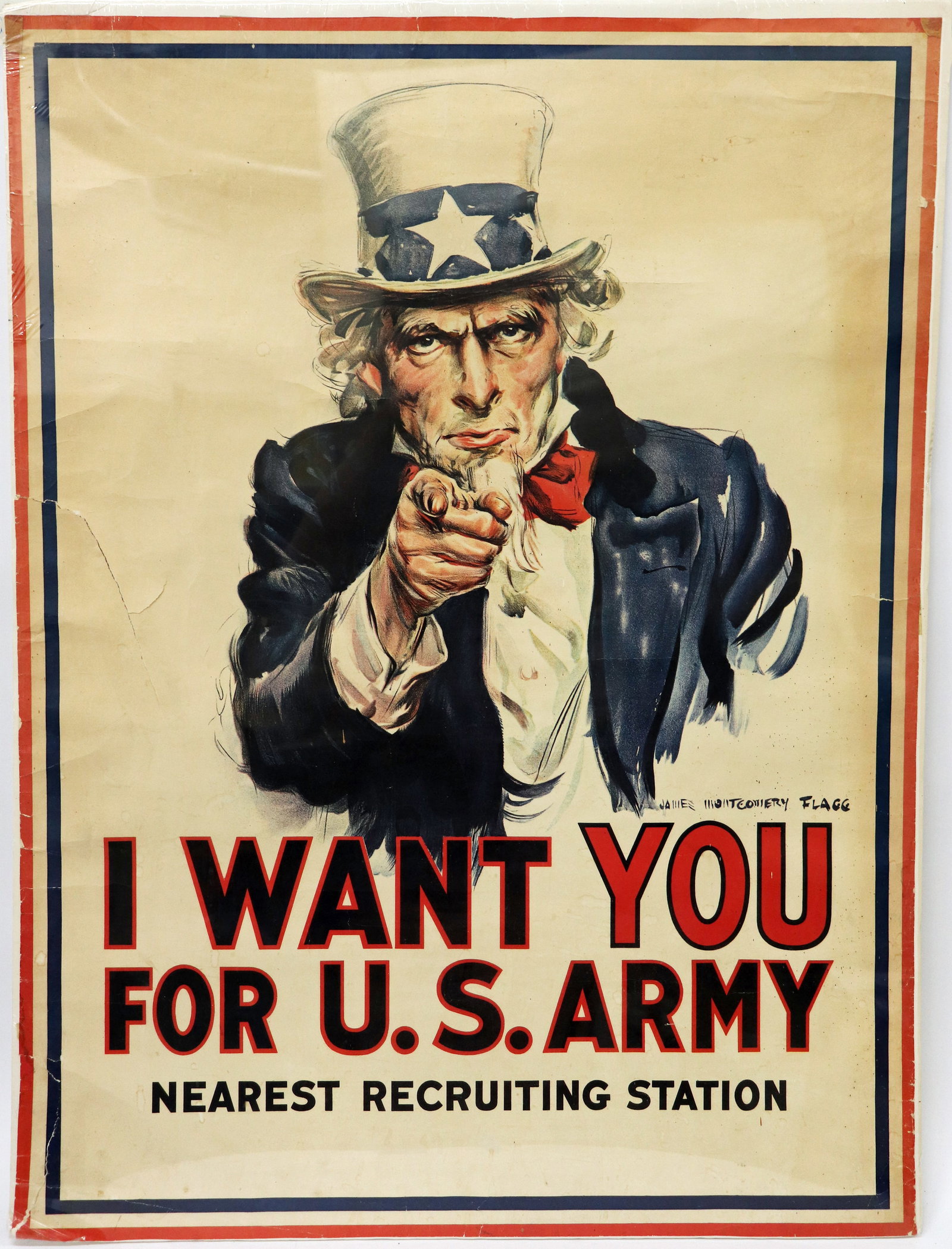 WWI UNCLE SAM "I WANT YOU FOR THE U.S. ARMY" POSTER: WWI Propaganda poster by James Montgomery Flagg - "I Want You For the U.S. Army" - Nearest Recruiting Station. This poster comes from a local estate and is believed to be an original circa 1917 poster