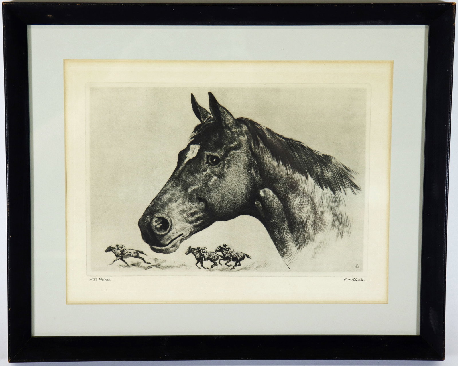 "HILL PRINCE" HORSE ETCHING BY R.H. PALENSKE: American Thoroughbred racehorse etching of Hill Prince. Measures 16" x 13" framed.