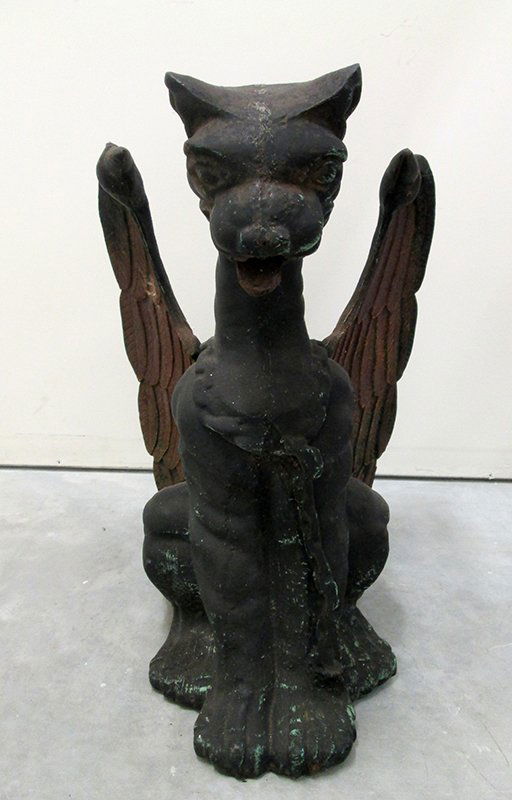 CAST IRON GARGOYLE: 25" tall 16 1/2" wide.