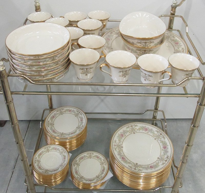 LENOX CASTLE GARDEN CHINA - 63 PIECES: Service for 12 to include: (12) Dinner Plates 10 3/4", (12) cups, (12) saucers, (12) Salad Plates 8 1/8", (12) Bread & Butter Plates 6 3/8", (6) Coupe Soup Bowls 7-1/2", (2) Oval Serving Bowls 10 1/4"