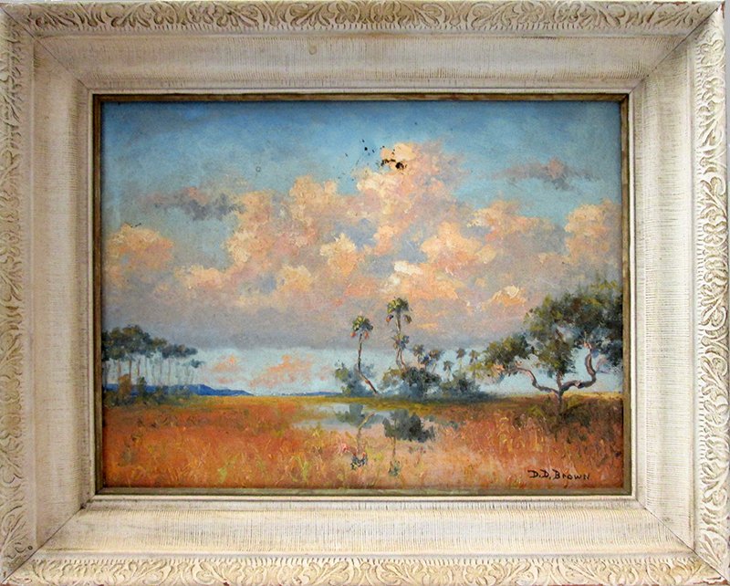 DON D BROWN FLORIDA PAINTING: Highwaymen style Florida painting signed D. D. Brown lower right. Measures 12" x 16" on canvas. Don Brown, a member of the Indian River School of Painting. Some spots to middle, could use a cleaning.