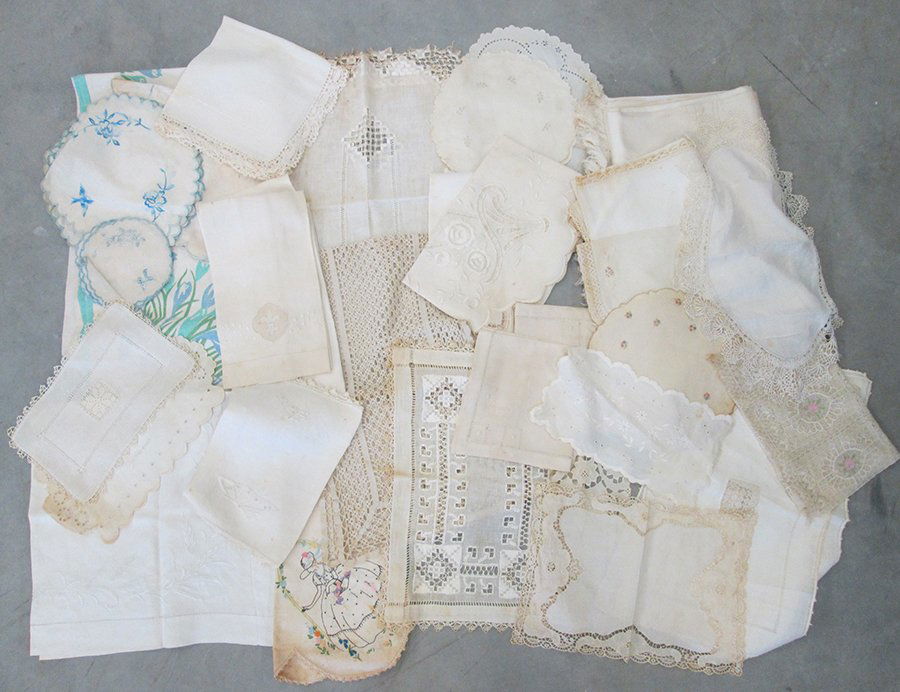 VINTAGE LACE & LINEN COLLECTION: Beautiful assortment of antique French Belgian lace, doilies, runner, dresser scarves, embroidery, needlepoint with fleur de lis, and more.