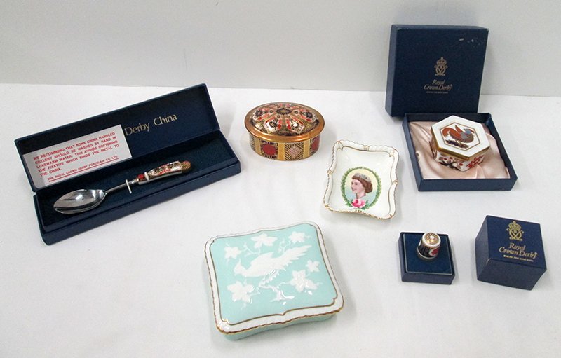 ROYAL CROWN DERBY COLLECTION: Thimble with box, Old Imari trinket box, Chinese birds box, Jam spoon with box, and more.