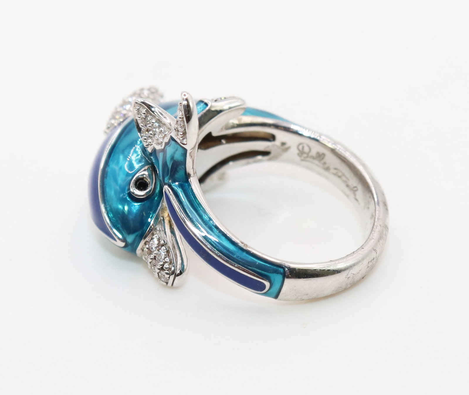BELLE ETOILE STERLING & ENAMEL DOLPHIN RING: Belle Etoile sterling silver and enamel Dauphin (Dolphin) ring. Size 7.25. New with tag and card.