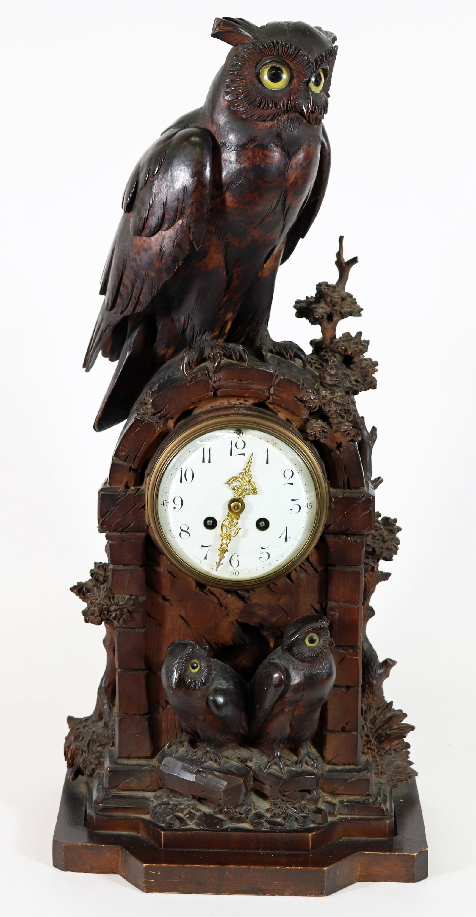 BLACK FOREST CARVED WOOD OWL CLOCK (1 of 8)