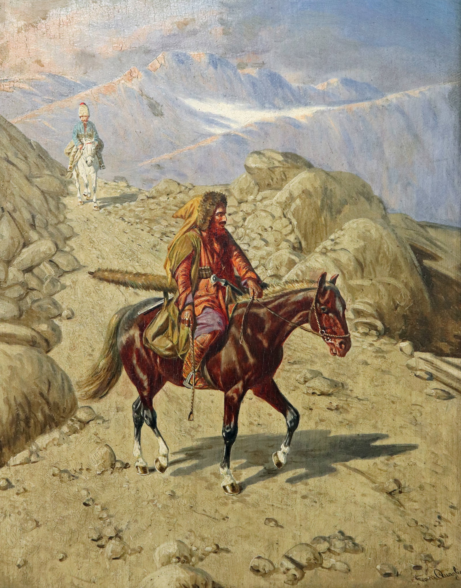 FRANZ QUAGLIO MOUNTAIN HORSEBACK RIDERS PAINTING: Franz Quaglio (German, 1844-1920) Oil painting of two men on horseback riding through the mountains. Signed lower right. Measures 10.75" x 8.25" on board and 16" x 13.75" with frame.