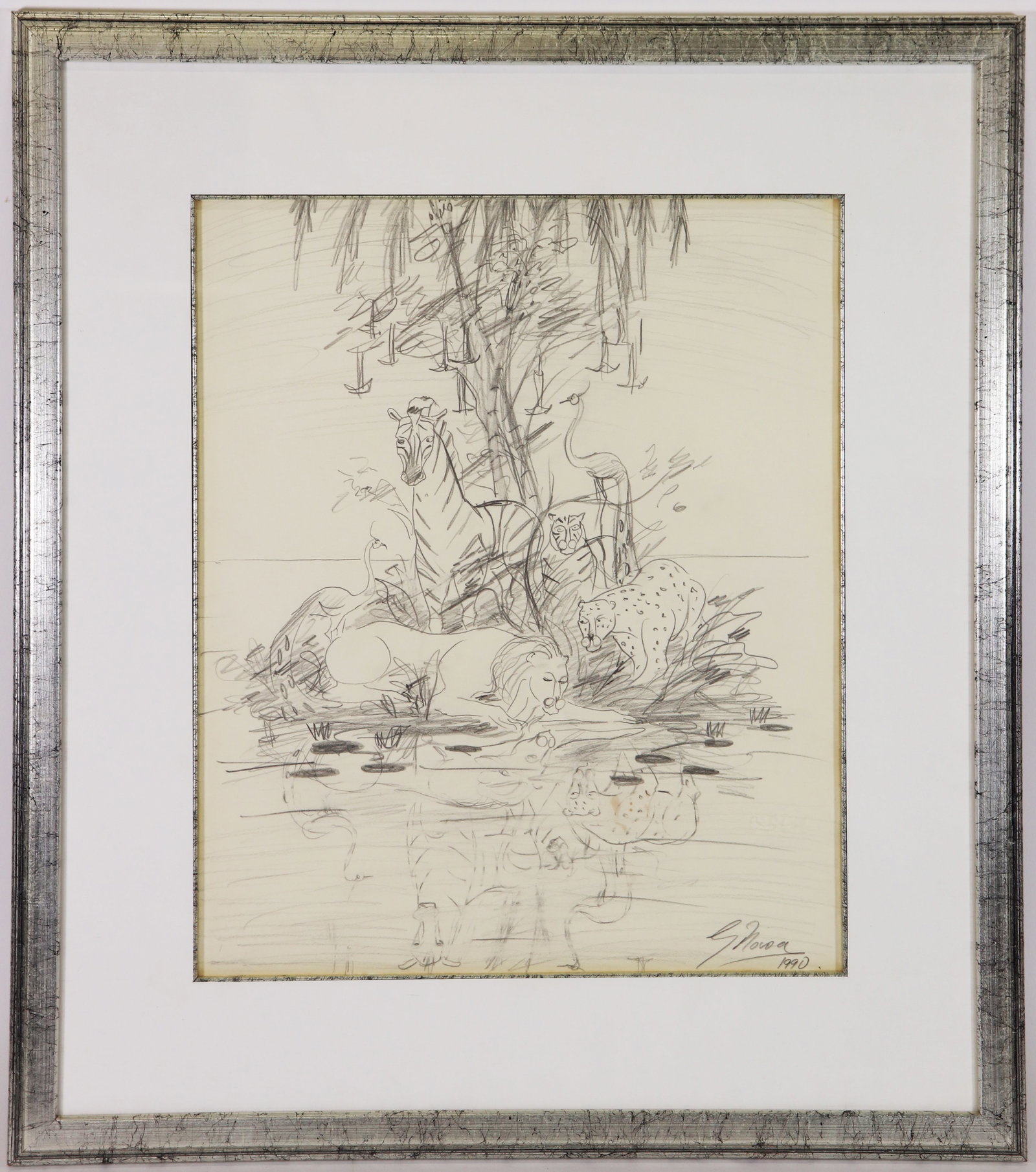 GUSTAVO NOVOA GRAPHITE DRAWING: Gustavo Novoa (Chile, b. 1941) Pencil sketch drawing on paper of jungle animals on an island with reflections in the water. Signed lower right and dated 1990. Measures 16" x 13" (sight) and 24" x 21" 