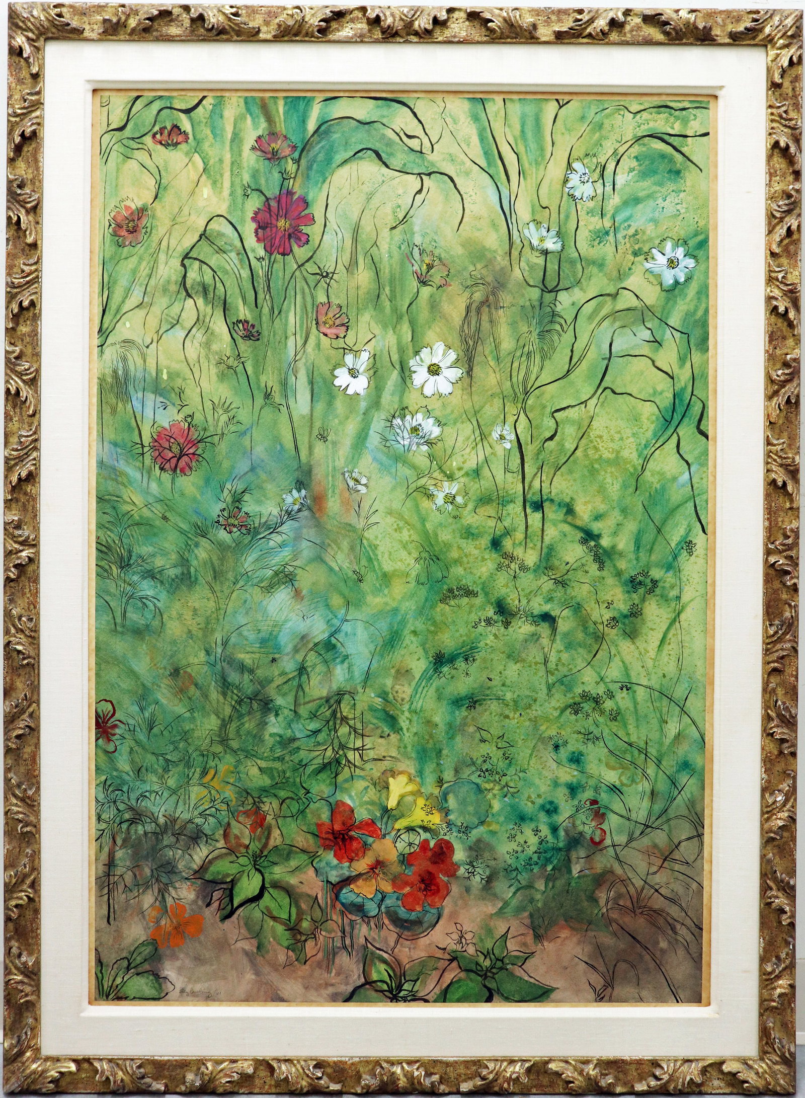 LILY CUSHING MIXED MEDIA FLORAL ARTWORK: Lily Cushing (1909-1969) Original mixed media / gouache of flowers. Signed lower left and dated 61'. Measures 40.25" x 27.25" (sight) and 48.5" x 35.25" with frame.