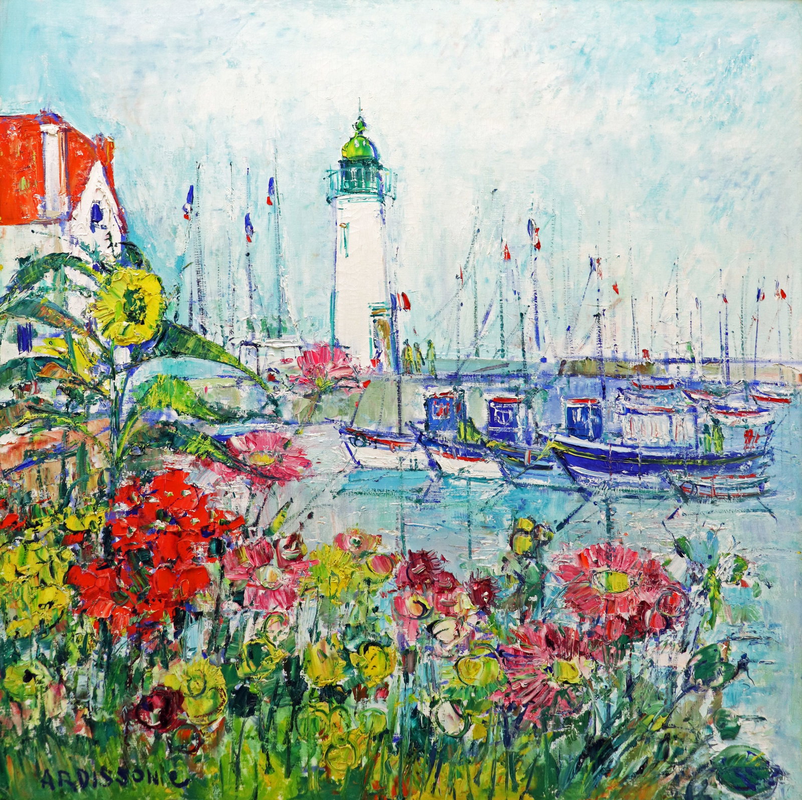 YOLANDE ARDISONNE LIGHTHOUSE HARBOR PAINTING: Yolande Ardisonne (French, 1927-2024) Large Impressionist oil painting of a harbor scene with lighthouse and vibrant floral landscape. Heavy palette paint accents to canvas. Signed lower left. Wally F