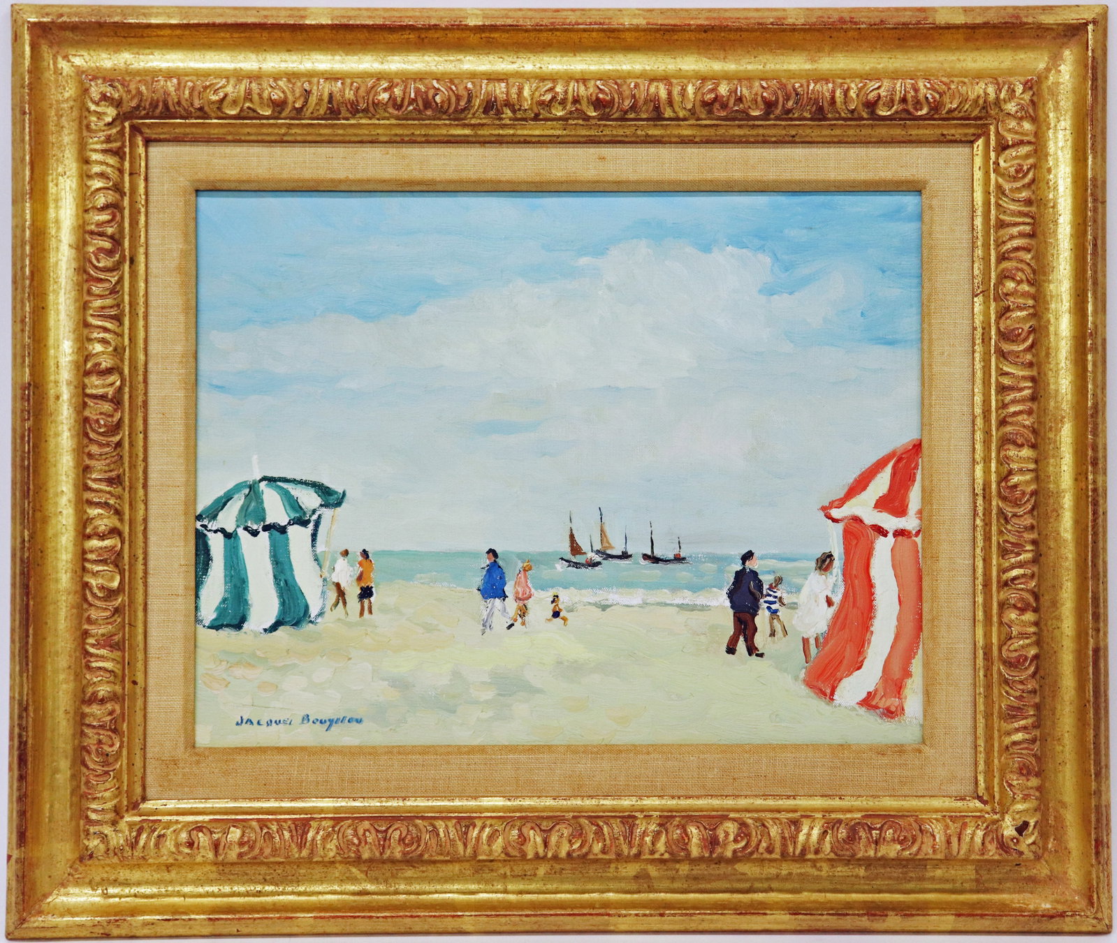 JACQUES BOUYSSOU "TROUVILLE" PAINTING: Jacques Bouyssou (French, 1926-1997) Oil on canvas painting of a France beach landscape with figures, tents, and boats in the distance. Signed lower left. Titled on verso. Measures 13.75" x 10.75" and