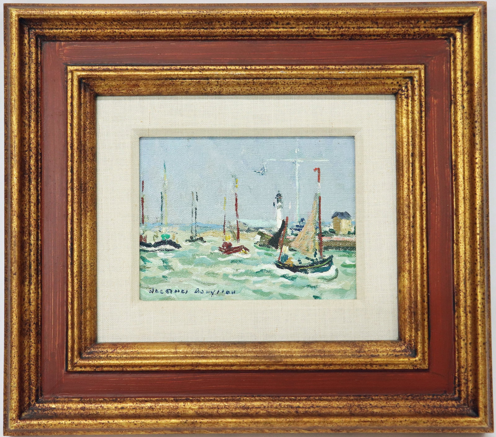 JACQUES BOUYSSOU FRENCH HARBOR PAINTING: Jacques Bouyssou (French, 1926-1997) Oil on canvas painting titled "Le Port a Honfleur" of a harbor scene with sailboats. Signed lower left. Includes original gallery paperwork from 1972. Measures 7.2