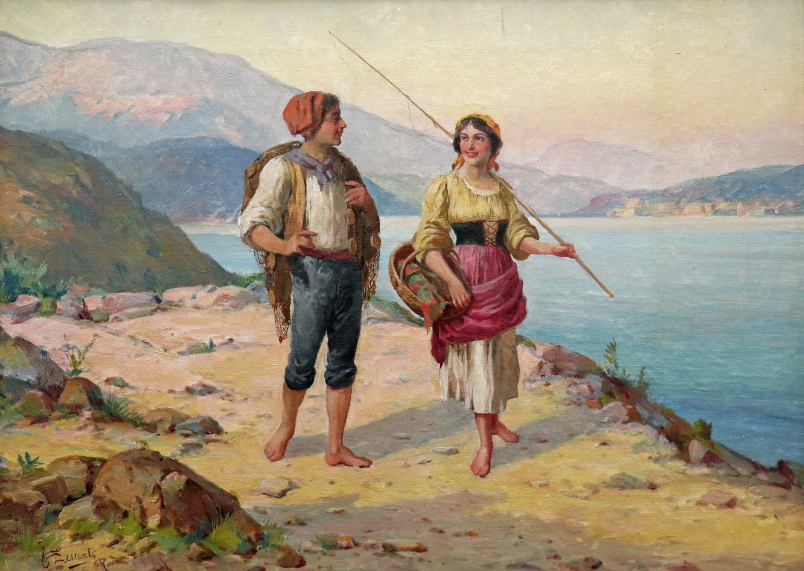 CARLO FERRANTI OIL PAINTING "FISHERFOLK": Carlos Ferranti (1840 - 1908) Oil on canvas painting of a Mediterranean scene with a man and woman with a fishing pole walking on the beach. In an ornate carved gilt frame. Signed lower left. (30" x 2