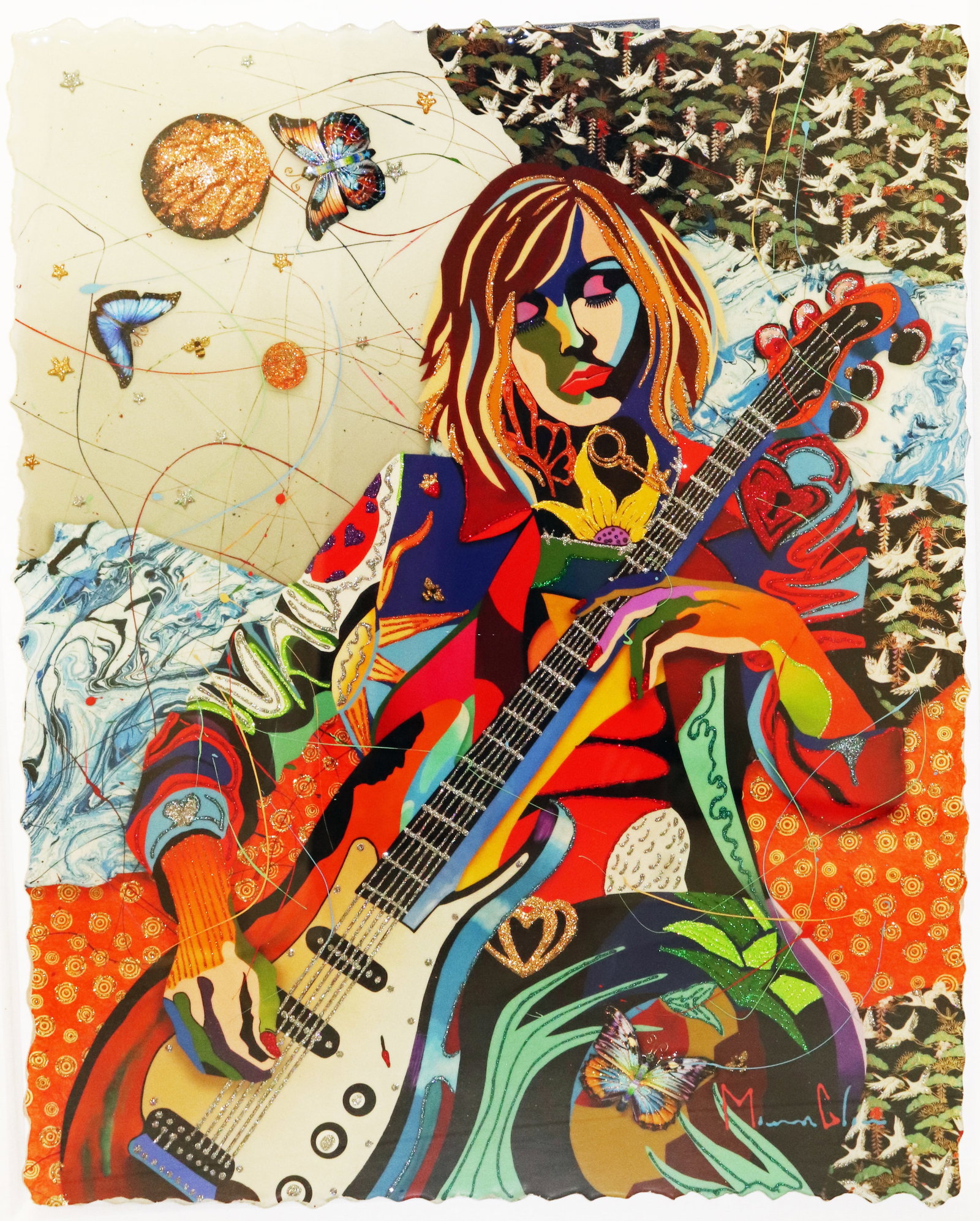 MARCUS GLENN SECRETS IN MUSIC ARTWORK: Marcus Glenn colorful mixed media artwork on paper - Secrets in Music Grey Skies. Artwork depicts a colorful female guitar player with butterflies and birds. Signed lower right. Measures 27.5" x 22" a