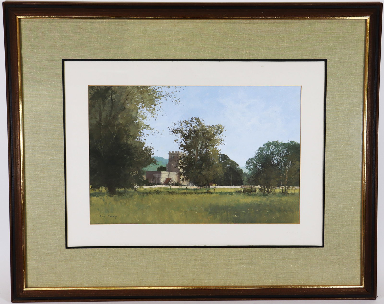 ROY PERRY COTSWOLDS ENGLAND CASTLE PAINTING: Roy Perry (1935-1993) Original painting of a landscape with castle in Cotswold England. Signed lower left. Painting was a commissioned work purchased directly from the artist. Measures 20" x 13" (sigh