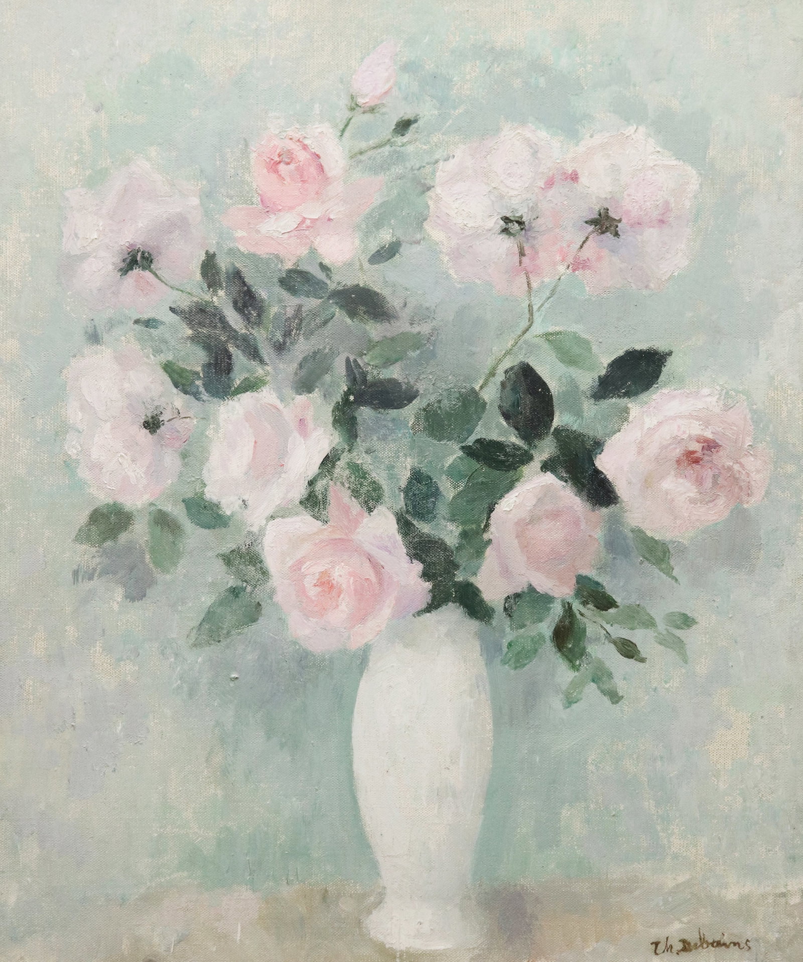 THERESE DEBAINS STILL LIFE PAINTING: Therese Debains (French, 1907-1975) Still life painting "Roses". Signed lower corner. Gallery stamps on verso. Measures 22" x 18.25" on canvas and 32" x 28.5" with frame (some damage to lower left cor