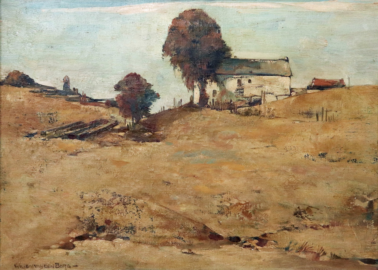 WILLEM VAN DEN BERG DUTCH LANDSCAPE OIL PAINTING: Willem Van den Berg (Dutch, 1886-1970) Oil on canvas landscape painting of a farmhouse set on a hill, muted tones. Signed lower left. Measures 12" x 16" and framed measures 19" x 23" x 1 1/2".