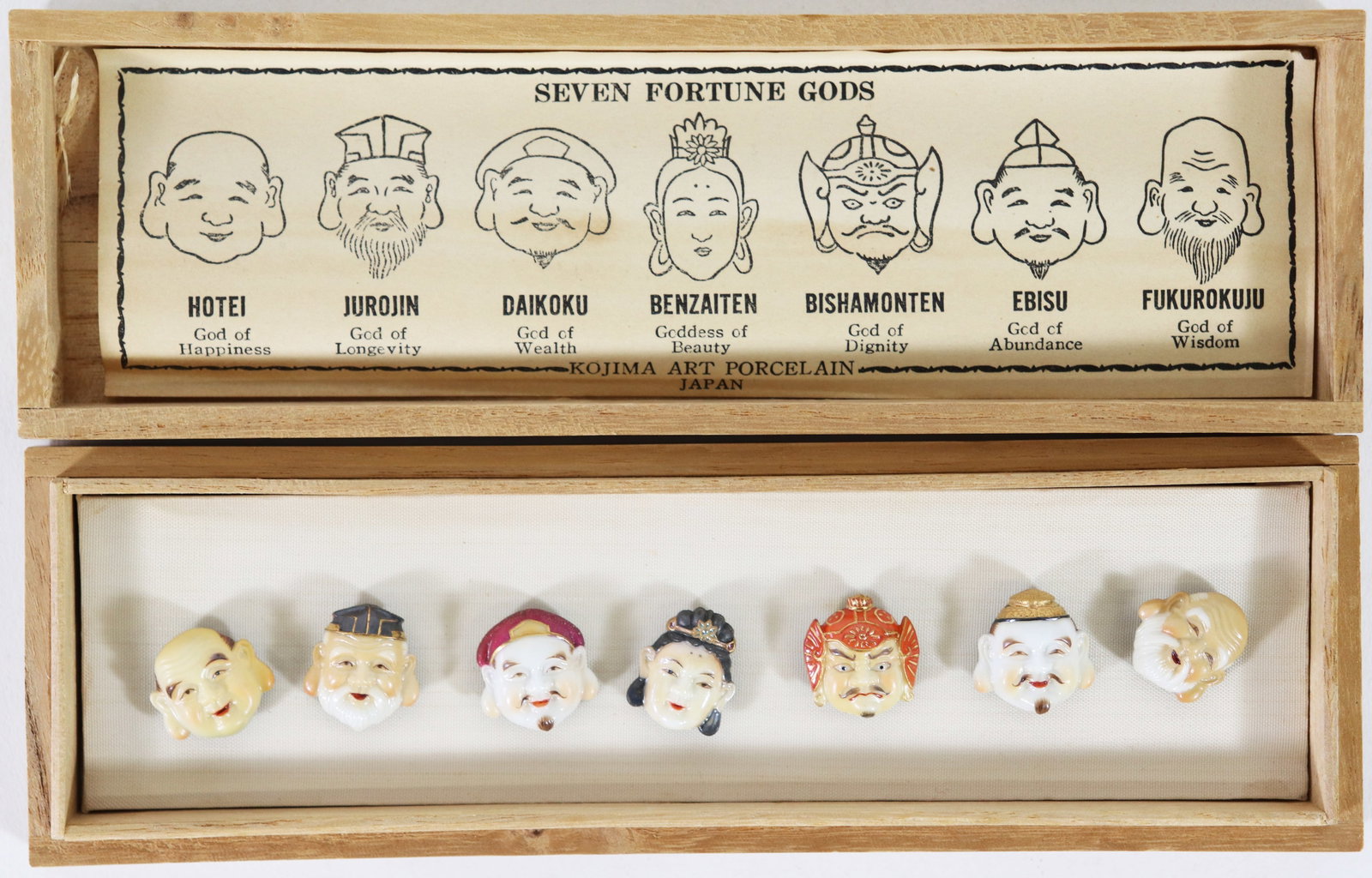 JAPANESE KOJIMA ART PORCELAIN SEVEN FORTUNE GODS: Vintage set of (7) Japanese porcelain buttons featuring the Seven Gods of Fortune, packaged in original box with paper description of the gods they represent. Measures 7 1/4" x 2 1/4" x 1".
