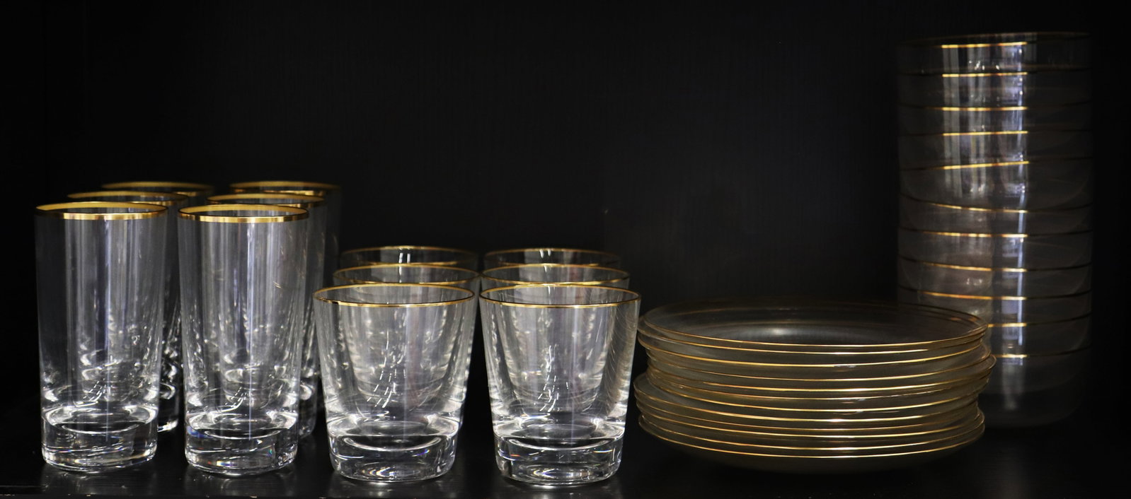 (35) GOLD RIM BACCARATE CRYSTAL GLASSES, PLATES (1 of 3)