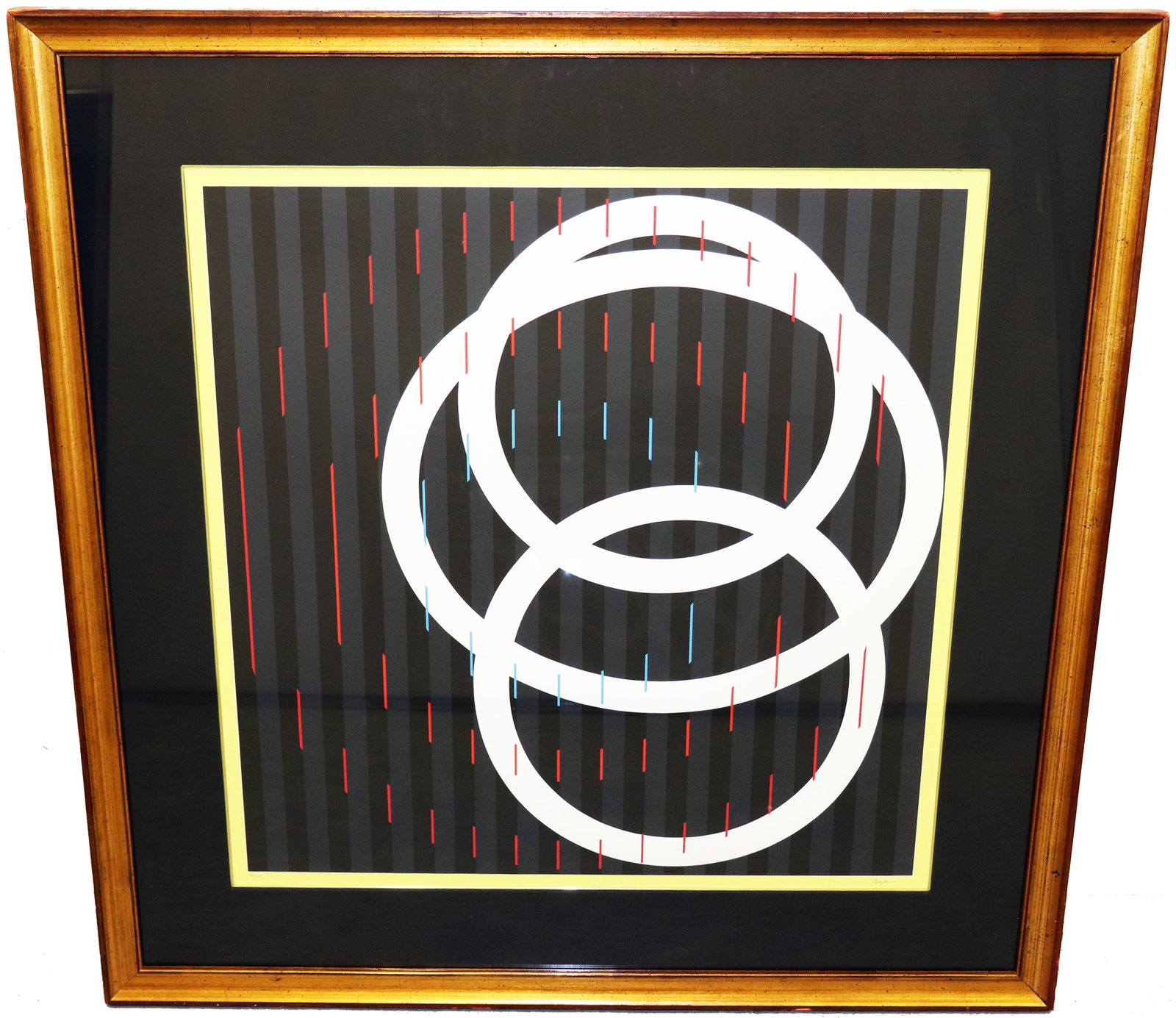 YAACOV AGAM NIGHT OF THE FALLING FLOWERS SERIGRAPH: Yaacov Agam (Israeli/American b. 1928), "Night of the Falling Flowers" serigraph print with red, blue, and white colors on black background, numbered 134/200 and signed in pencil lower right corner.