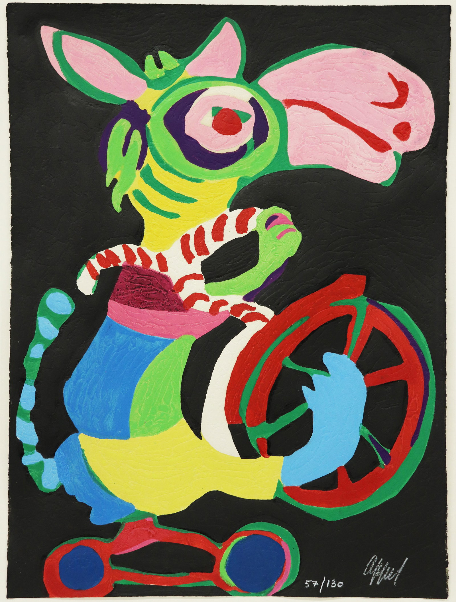 KAREL APPEL CIRCUS ANIMAL WOODCUT: Karel Appel (Dutch, 1921-2006) Colorful woodcut of a circus animal on a bike. Signed and numbered 57/130. Measures 29.75" x 22.25", unframed.