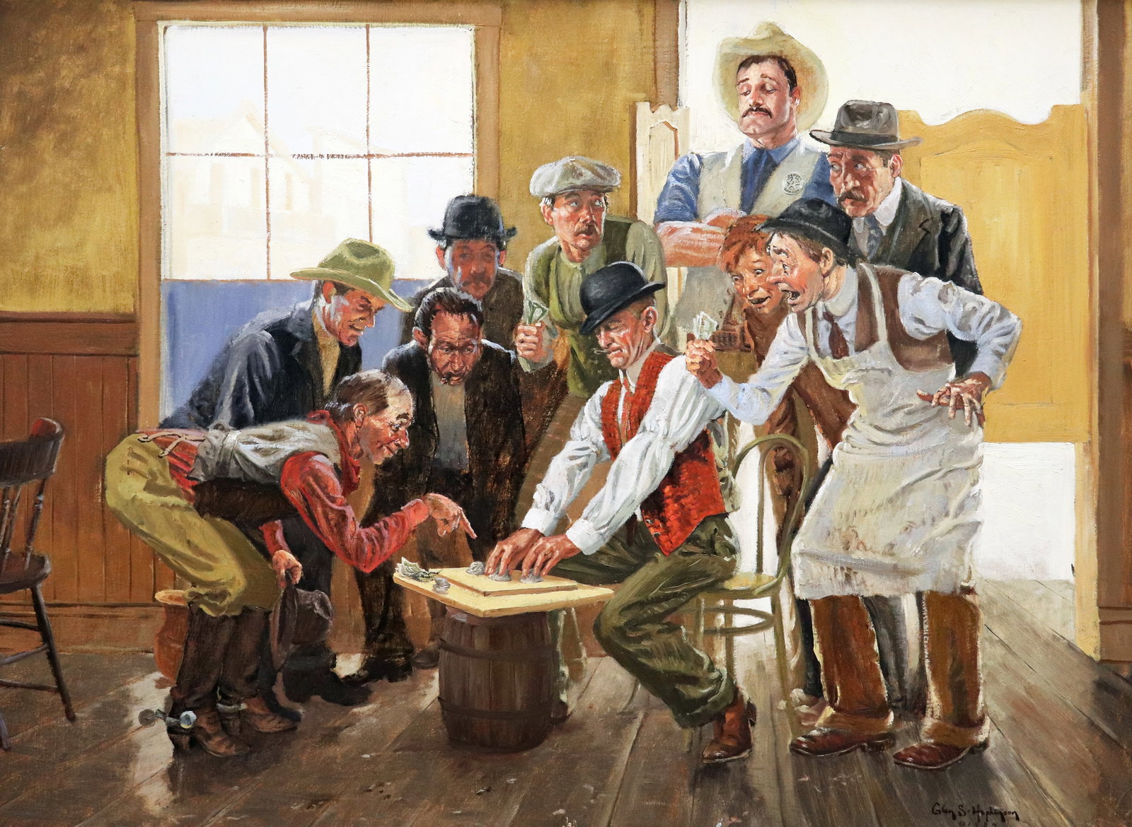GLEN HOPKINSON "THE SHELL GAME" PAINTING: Glen Hopkinson (American, b. 1946) Oil on board illustration painting titled "The Shell Game" depicting a group of figures playing the infamous game used to swindle money. Unbeknownst to most players,