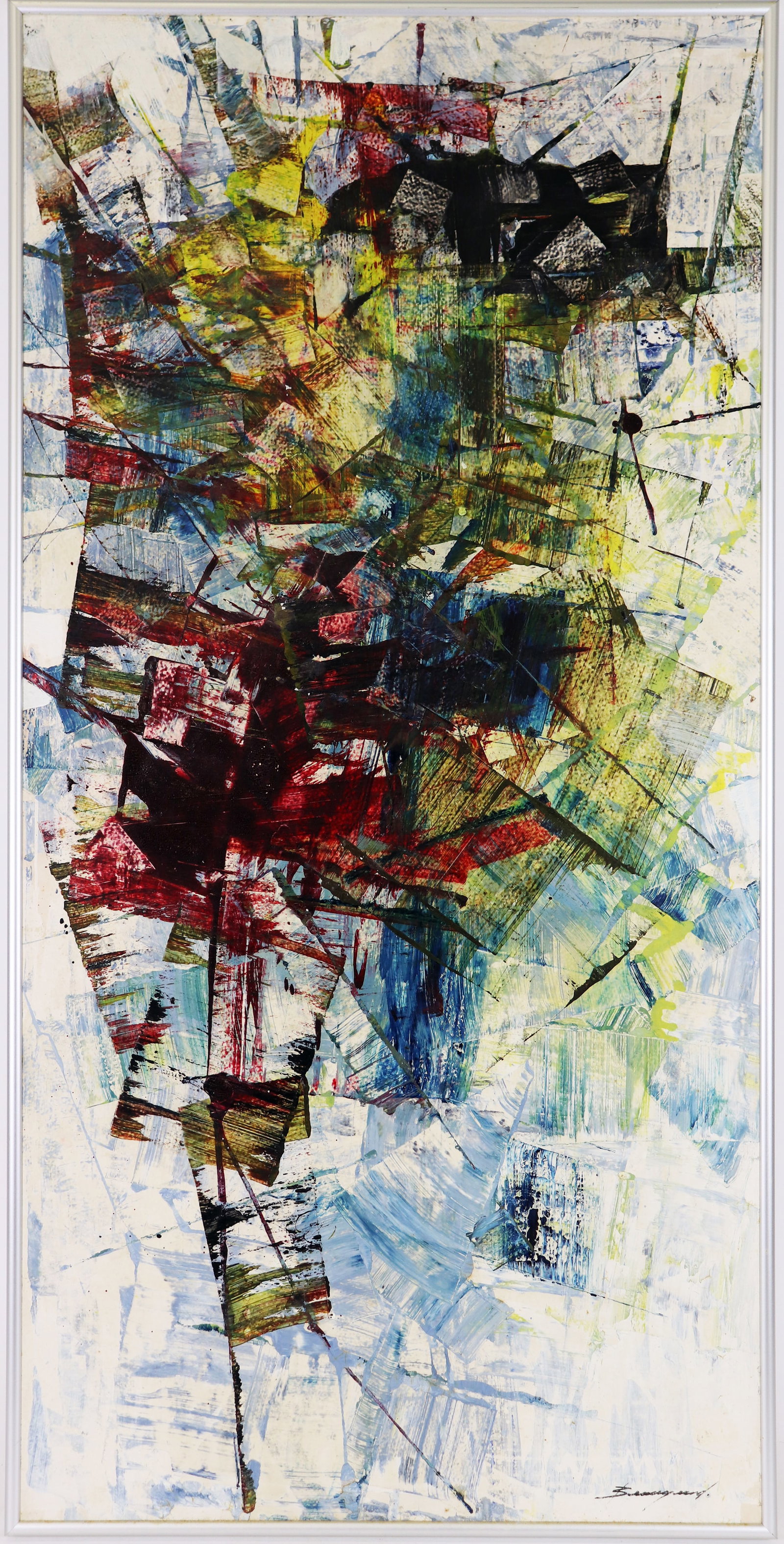 MID CENTURY ABSTRACT PAINTING BY BRUCE BEAUGEARD: Bruce Beaugeard (1924-2005) Vintage Mid Century colorful abstract painting. Signed lower right Beaugeard. Meaures 18" x 36"