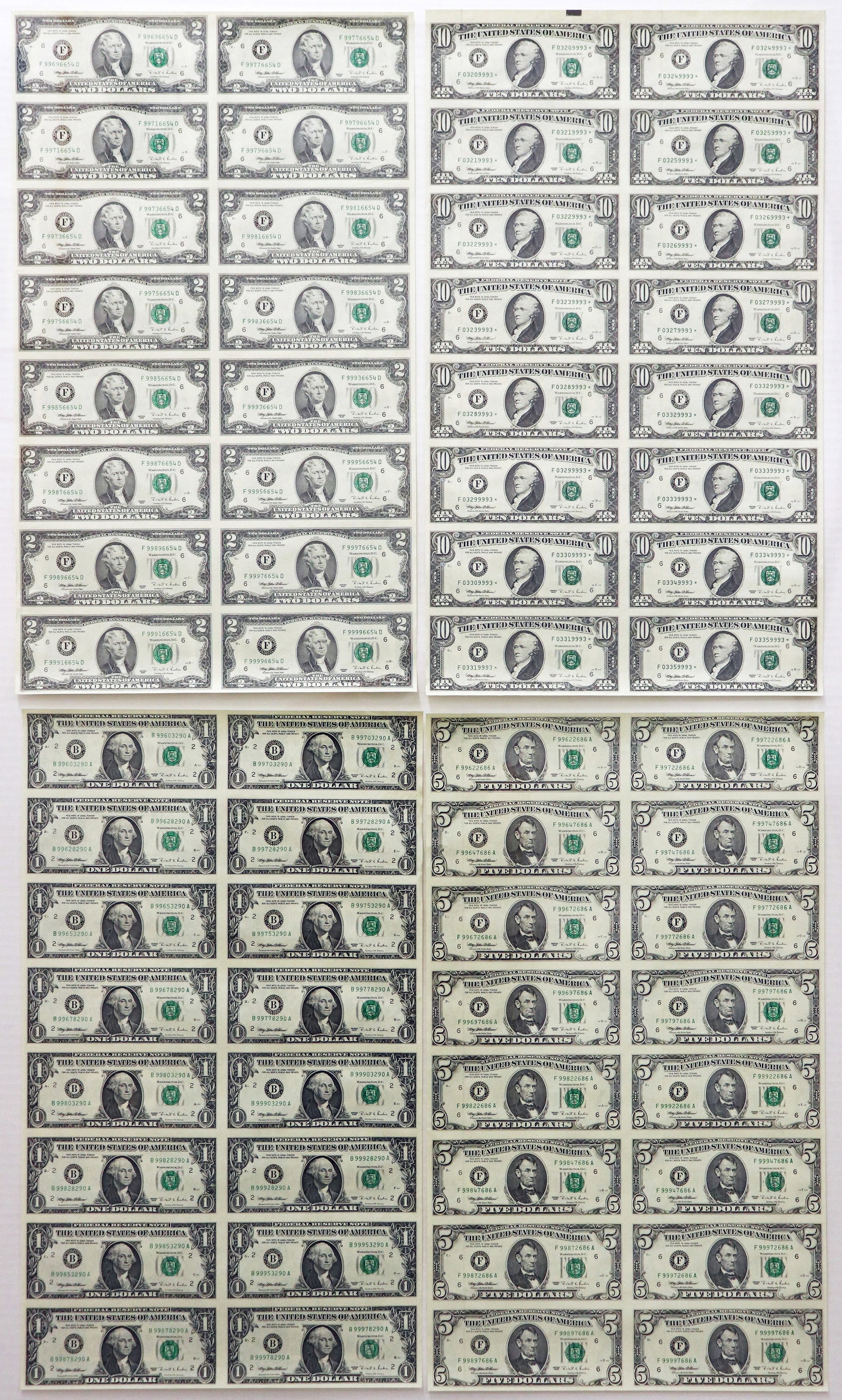 UNCUT FEDERAL RESERVE NOTES, $1, $2, $5, $10: Four uncut sheets of 1995 Federal Reserve Notes to include: (16) $1.00, (16) $2.00, (16) $5.00, and (16) $10.00 bills.