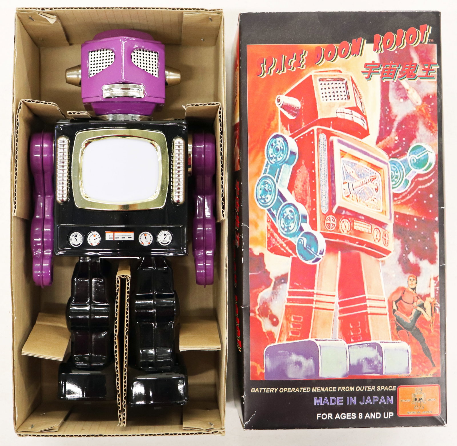 RARE SPACE DOOM TIN TOY ROBOT METAL HOUSE JAPAN: Produced by Metal House in Japan, known for their classic 1960's Japanese tin toys, this specific purple and black color configuration was part of a highly limited run. Battery operated retro style "T