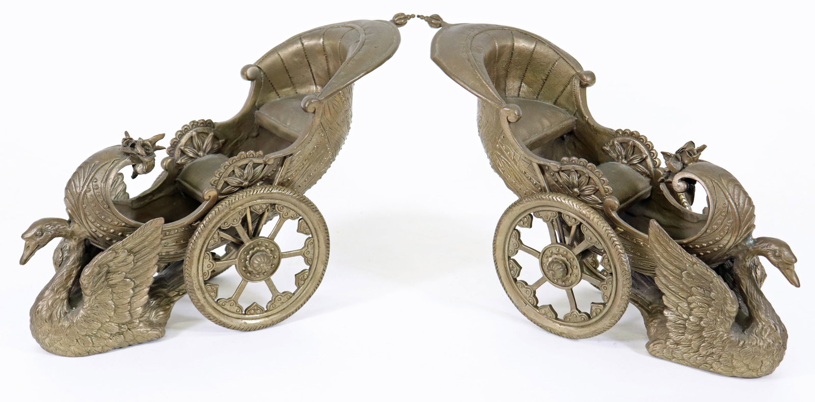(2) VINTAGE BRASS SWAN CHARIOTS: A pair of brass carriages with a large swan pulling the cart. They would make great planters. They measure 13" x 8" x 5". Each chariot weighs over 5 lbs.