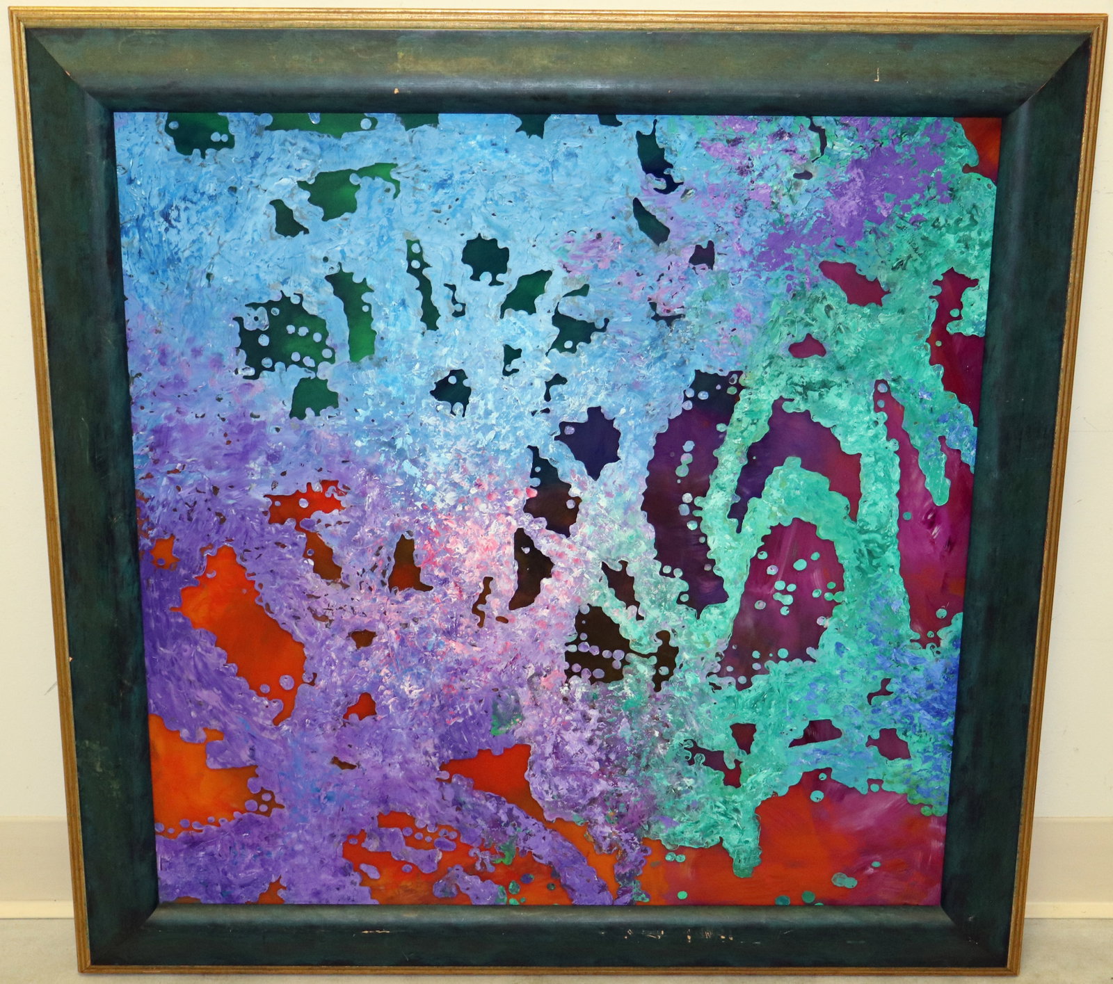 DAVID SUGAR & CAROL ISELIN INNER LIGHT CRYSTAL PANEL: David Sugar & Carol Iselin Inner Light Crystal custom engraved glass panel with a colorful abstract design. Signed lower right. Measures 32.5" x 32.5" with frame, glass image approximately 27" x 27". 