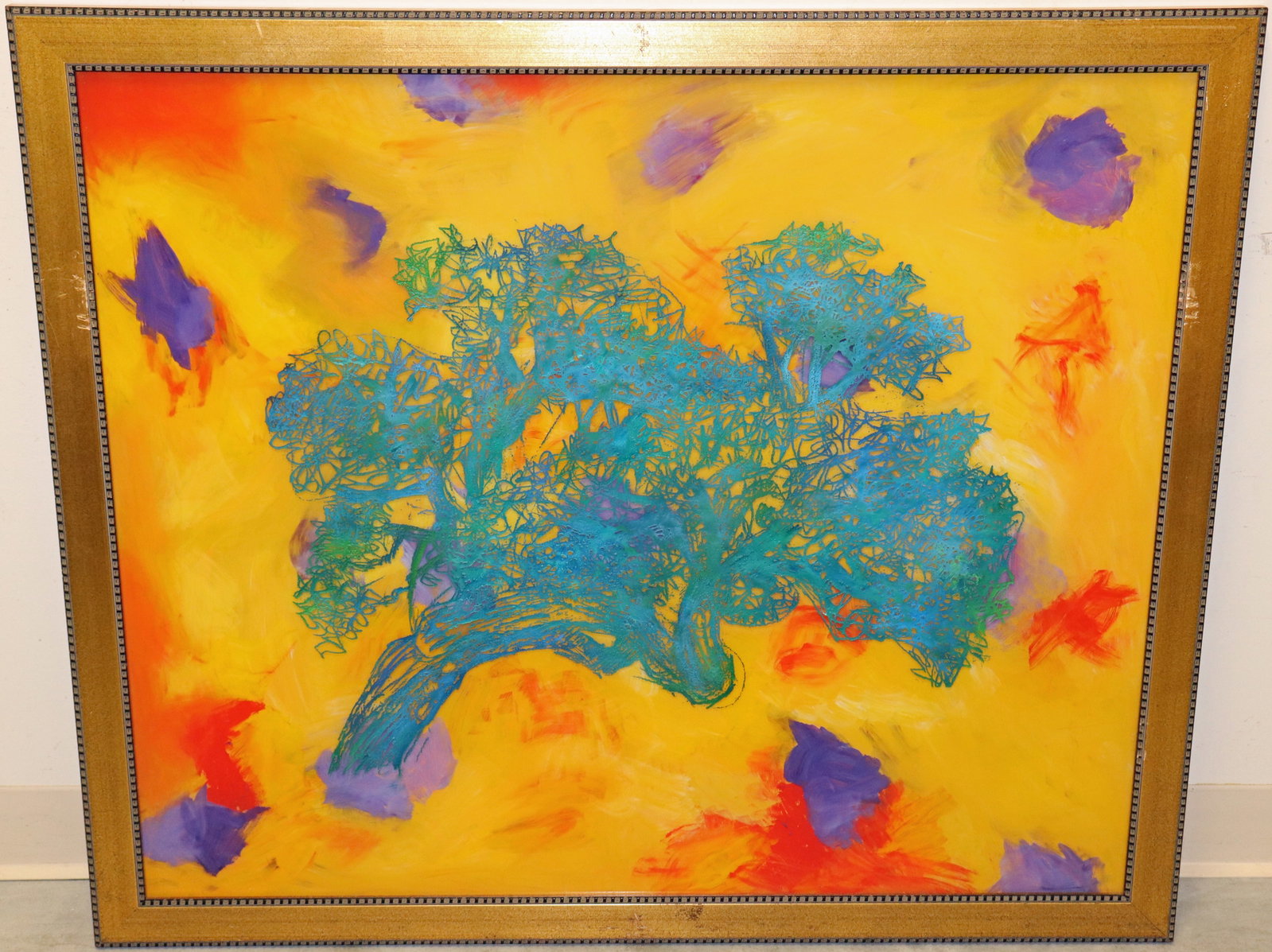 DAVID SUGAR & CAROL ISELIN YELLOW COTE D'AZUR CRYSTAL PANEL: David Sugar & Carol Iselin Inner Light Crystal custom engraved glass panel with a colorful yellow tree design. Signed lower right. Measures 40.5" x 34.5" with frame, glass image approximately 37" x 31