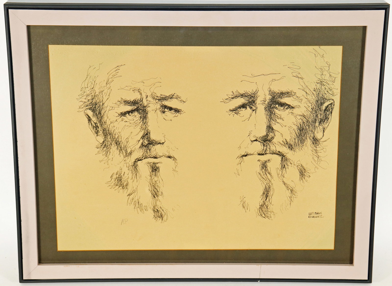 LUIS CARLOS RODRIGUEZ ARTIST PROOF PORTRAIT LITHOGRAPH: Luis Carlos Rodriguez artist proof dual portrait lithograph. Signed in pencil lower left A/P. Measures 30" x 24" framed.
