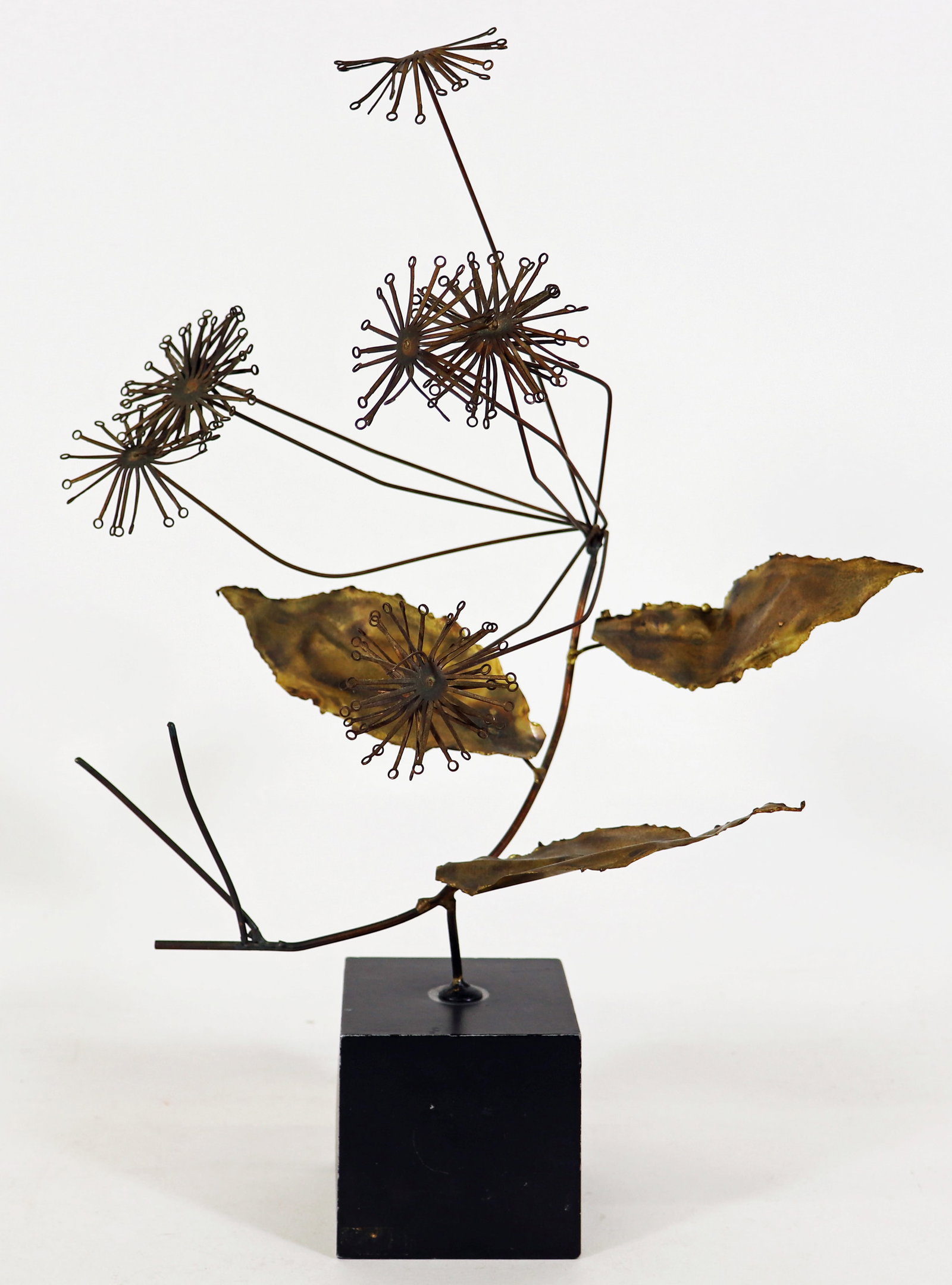 BRUCE FRIEDLE GILT METAL TREE SCULPTURE: Bruce Friedle Modernist gilt metal tree sculpture. Signed on side. Measures 15.25" x 11" x 9"
