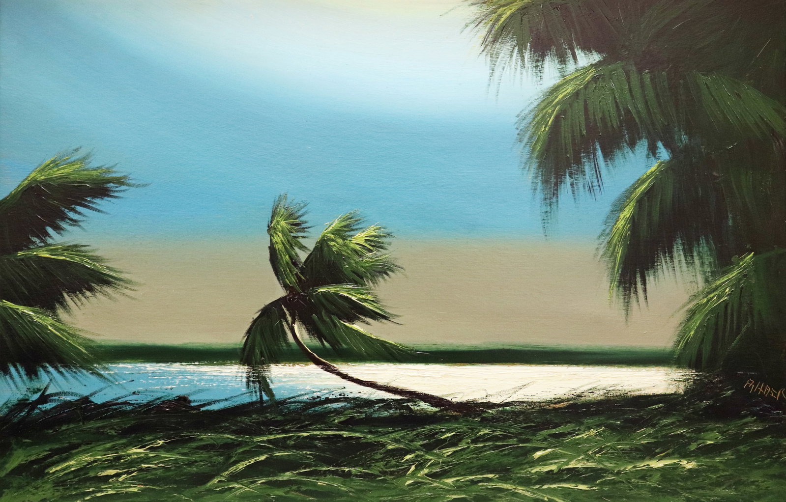 ALFRED HAIR NIGHT RIVER PALMS HIGHWAYMEN PAINTING: Alfred Hair (1941-1970) Vintage Highwaymen painting of a Florida night river landscape with moonlit blue sky, green vegetation, and heavy palette palm trees. Scratch signed lower right. Measures 36" x