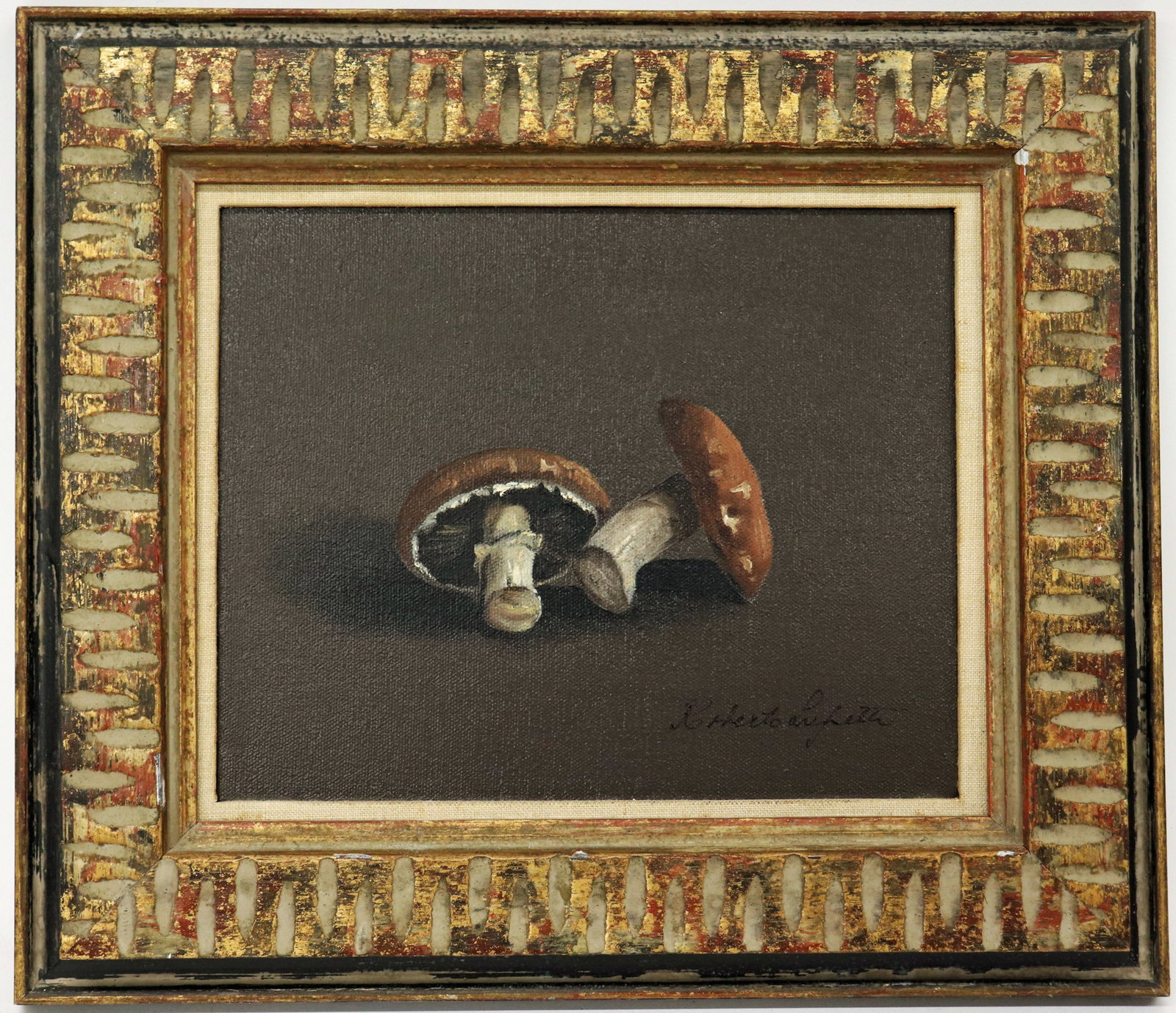 ROBERTO LUPETTI OIL ON CANVAS "TWO MUSHROOMS": Roberto Lupetti (Italian, 1918-1997) Oil on canvas still life of two realistic mushrooms. Painted in natural earth tones of brown, gray and cream. Signed lower right. Measures 10" x 8" and framed meas