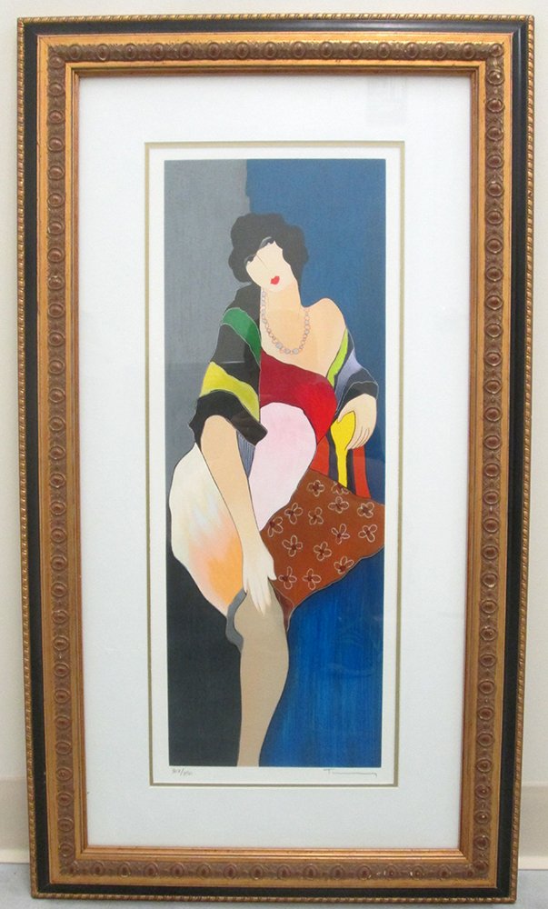 ITZCHAK TARKAY COMFORTABLY COY SIGNED SERIGRAPH: Itzchak Tarkay signed and numbered serigraph titled Comfortably Coy. Signed lower right, #'d 307/350 lower left. Serigraph measures 24 1/2" x 8 1/2." 36 1/2" x 21" with frame.
