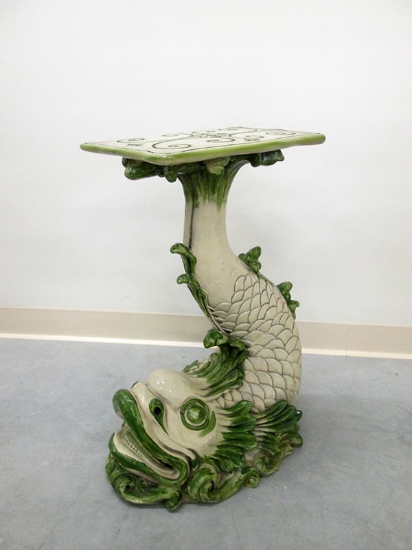 LARGE CERAMIC FISH: Decorative ceramic fish for a patio and/or side table. 25" tall 10 1/2" x 19" wide.