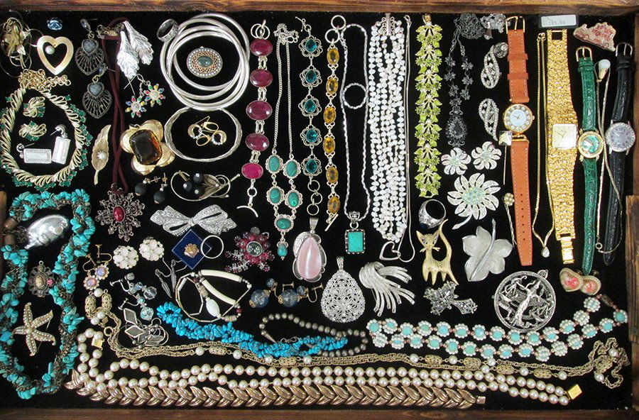 COSTUME & STERLING JEWELERY: Sterling turquoise and malachite necklaces, sterling bracelets and rings, Cr 1919 Coro, 10K gold pin, Trifari, Sara Coventry, BSK, Barlow, ART, Premier Design, Ledo, HT signed sterling, working watche