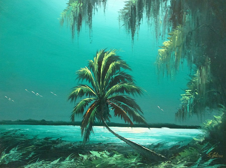 JAMES GIBSON HIGHWAYMEN PAINTING: James Gibson (American 20th century) Colorful Florida nighttime scene. Measures 30" x 24" on board. Signed J Gibson lower right.