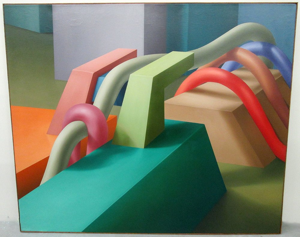 DIMITRIOS TSAMARDINOS ABSTRACT PAINTING: Colorful, abstract painting on canvas by Dimitrios Tsamardinos. Signed on back and dated 1975. Painting has label from Art Gallery State University of New York at Albany. Measures 50" x 42"